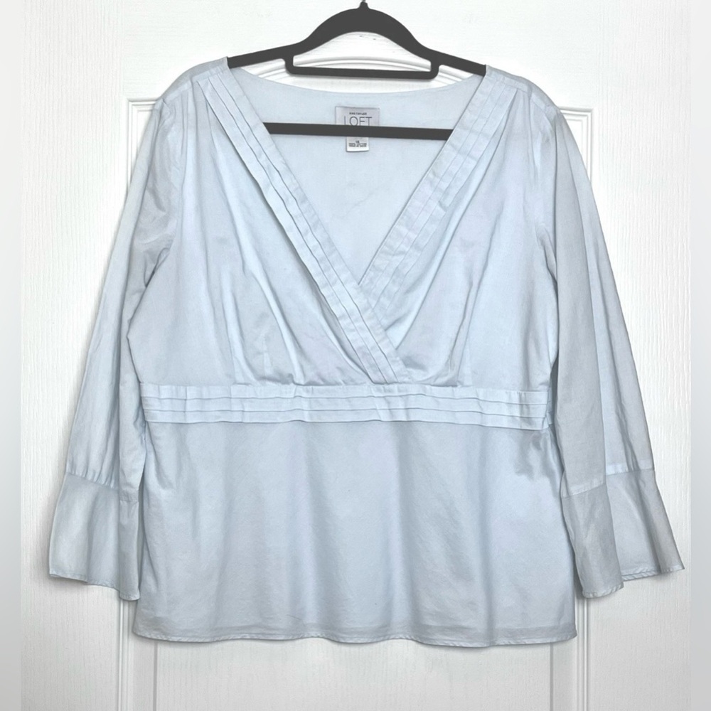 Vtg Loft Pleated 100% Cotton Top Size 14 Light Blue Side Zip 3/4 Sleeves